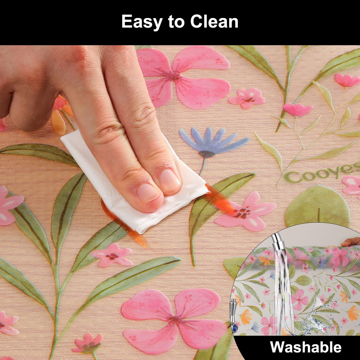 Cooyes shelf liner with a nonslip surface helps keep items secure.