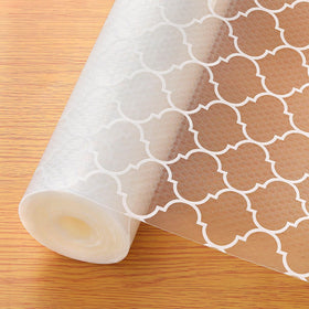 Cooyes shelf liner with modern pattern on a kitchen cabinet for style and protection.