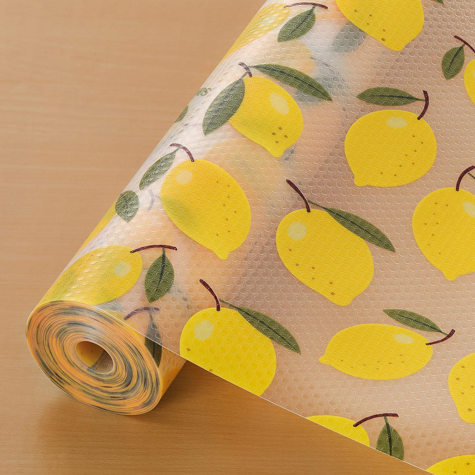 Cooyes shelf liner yellow lemon roll protects shelves from spills.