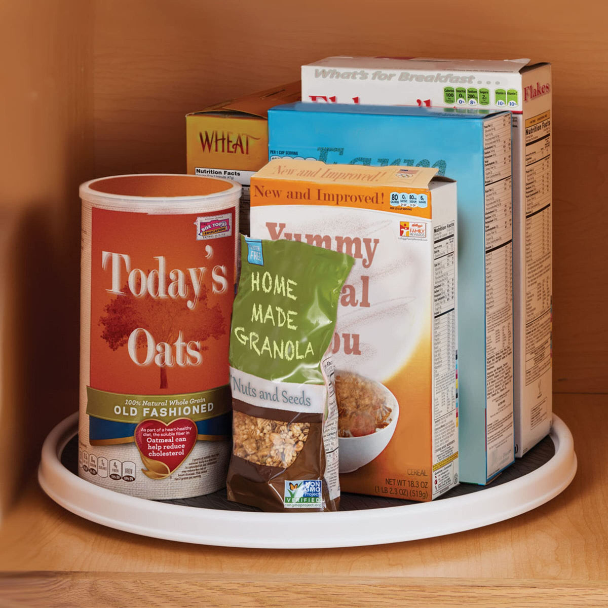 Copco lazy susan maximizes cabinet space and tidiness.