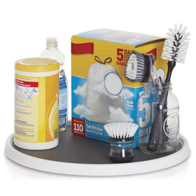 Copco rimmed edge prevents items from falling off while rotating.