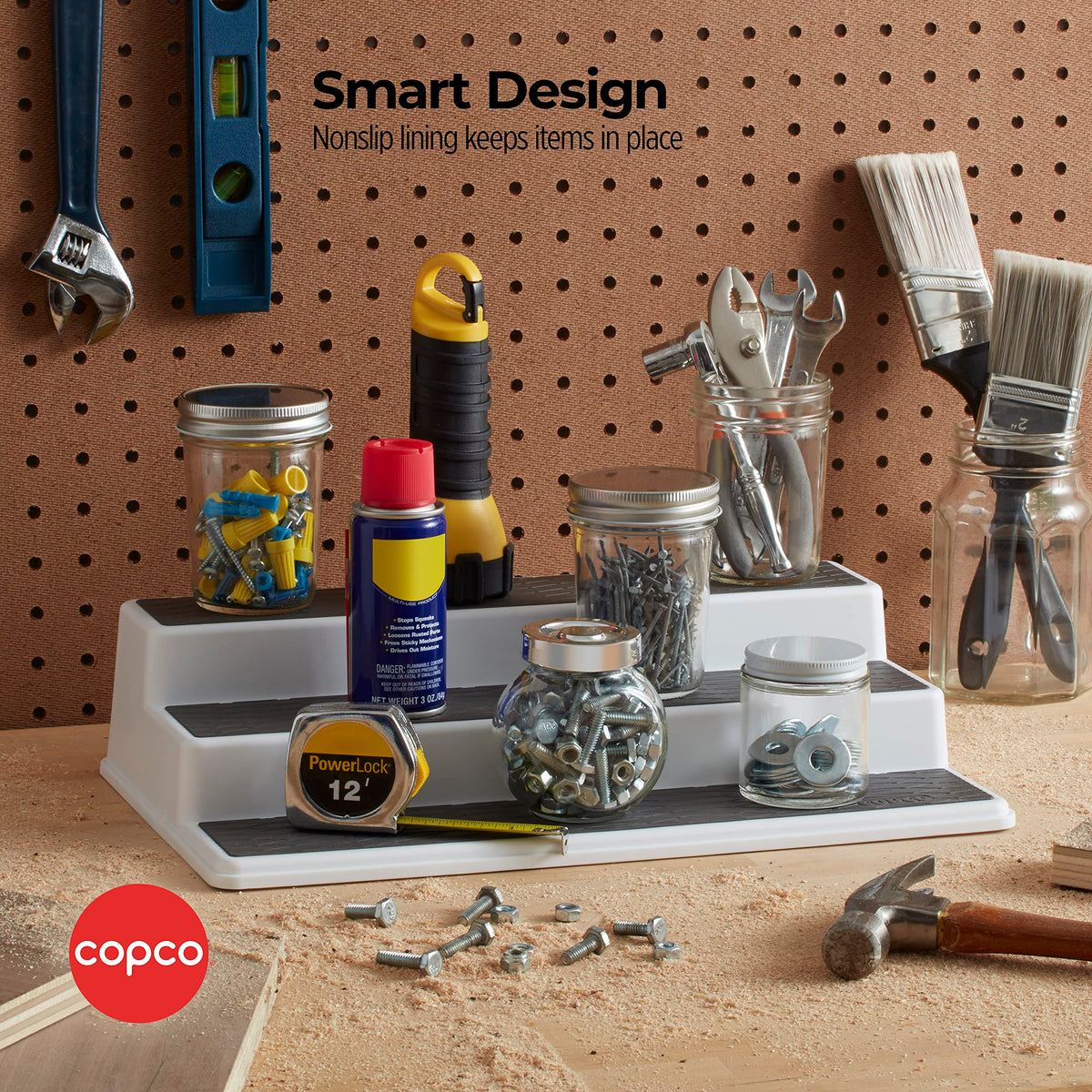 Copco 3-Tier rack filled with jars for easy access.