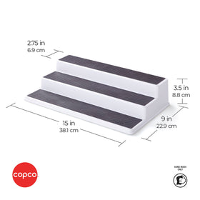 Copco 3-Tier rack inside cabinet keeps jars visible and reachable.