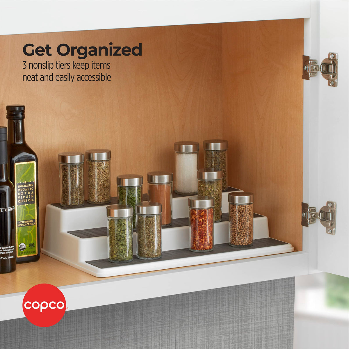 Copco non-slip shelves prevent spills and keep contents steady.