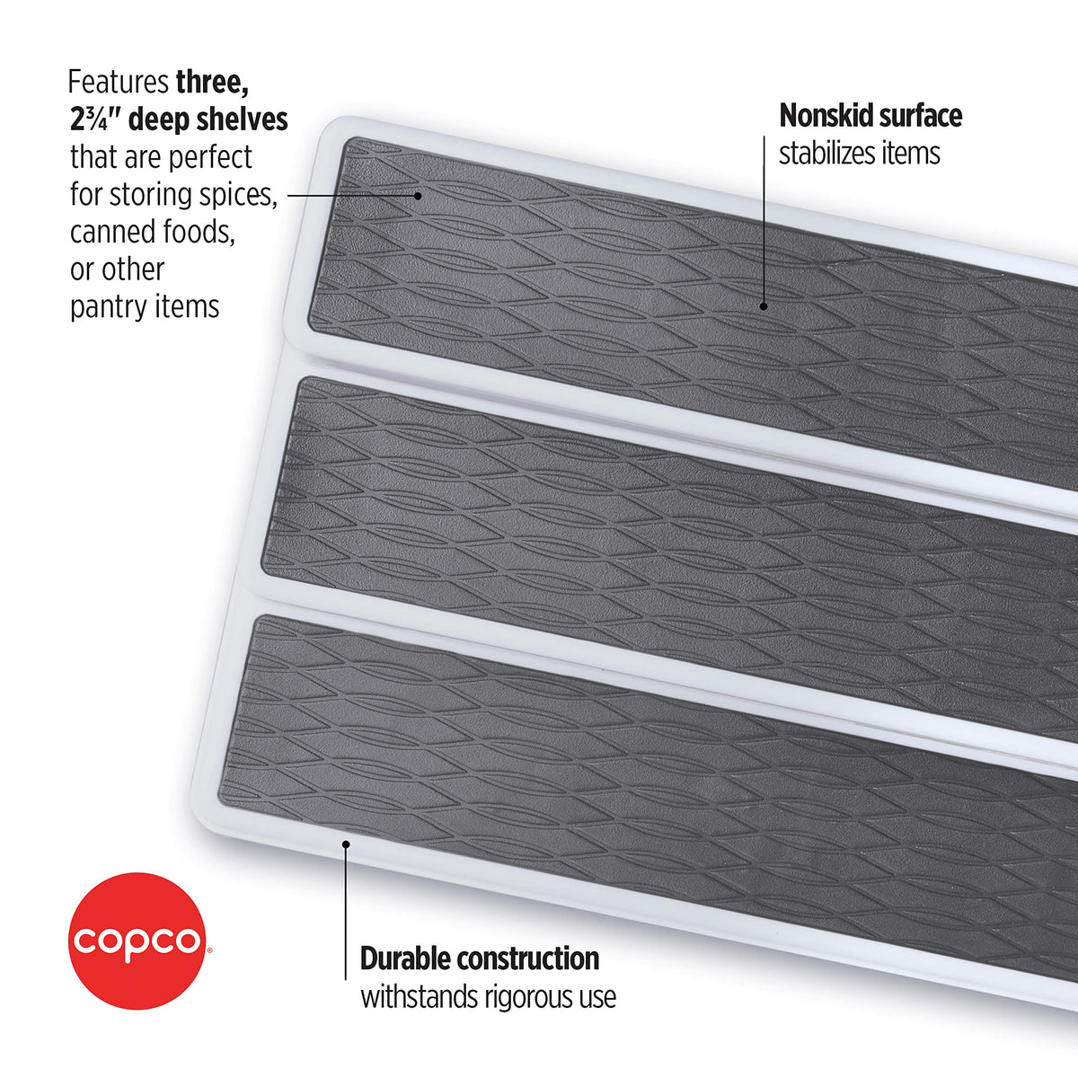 Copco pantry view shows space-boosting organization on a shelf.