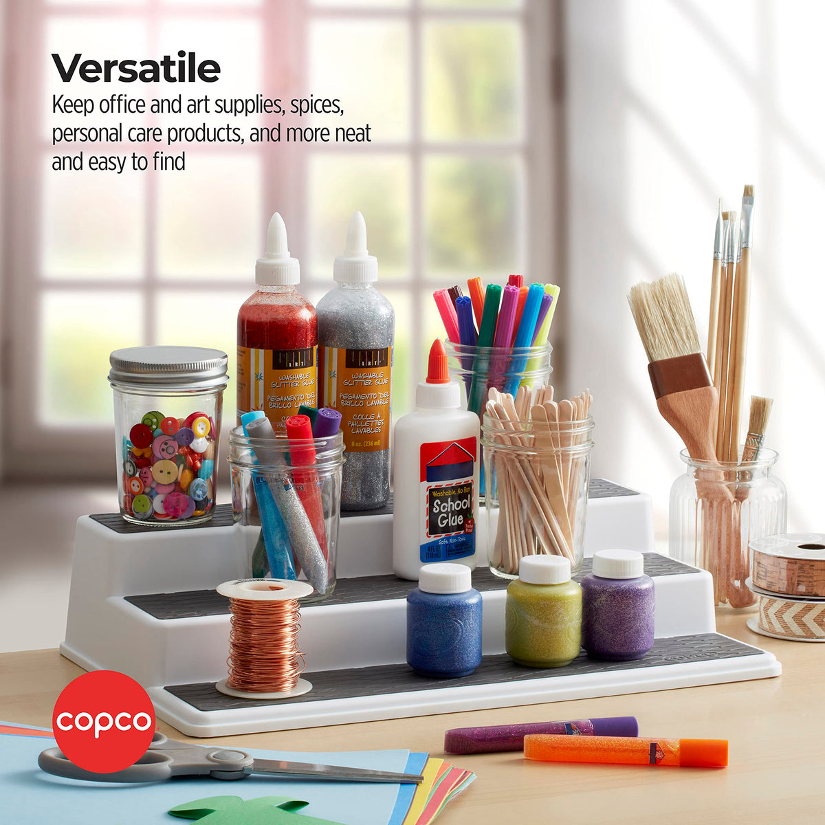 Copco white-gray finish complements kitchen decor while organizing spices.