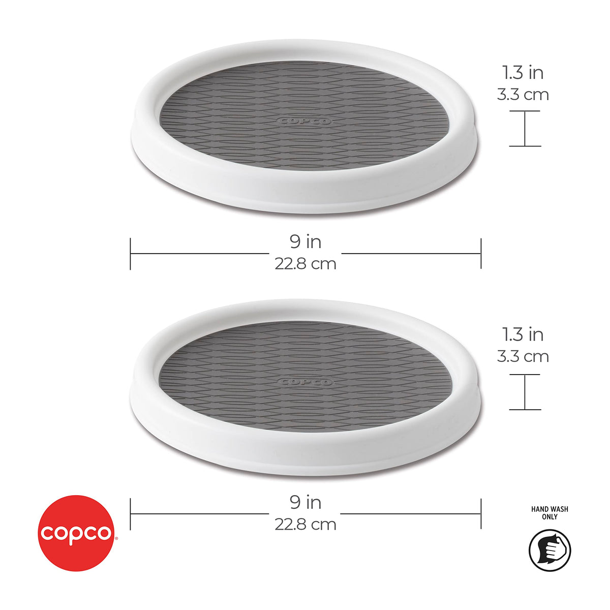 Copco two-turntable set visible in cabinet for organized storage.