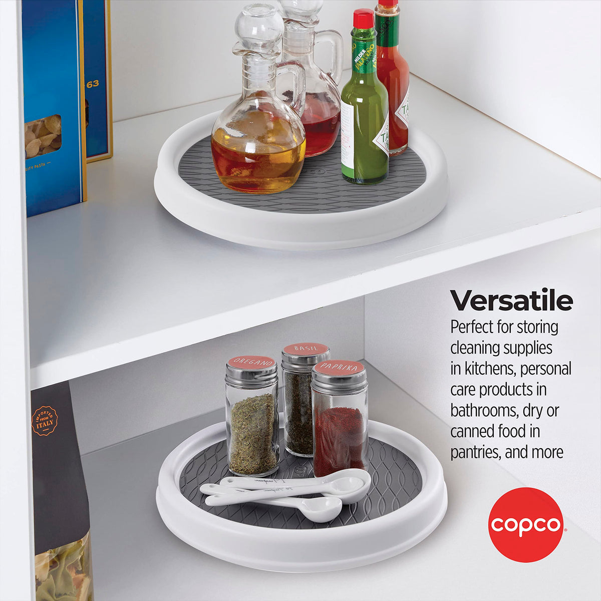 Copco pantry turntables maximizing small-space storage in pantry or fridge.