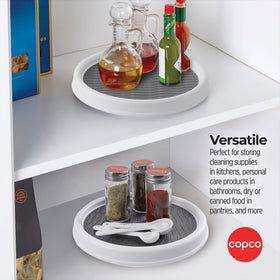 Copco pantry turntables maximizing small-space storage in pantry or fridge.