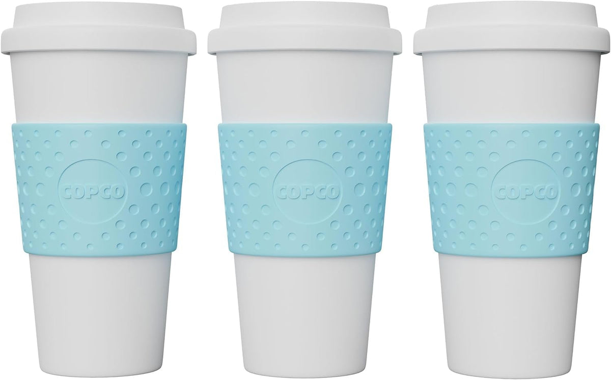 Copco Acadia 16oz travel mug in brown with spill-resistant lid for on-the-go coffee.