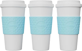 Copco Acadia 16oz travel mug in brown with spill-resistant lid for on-the-go coffee.