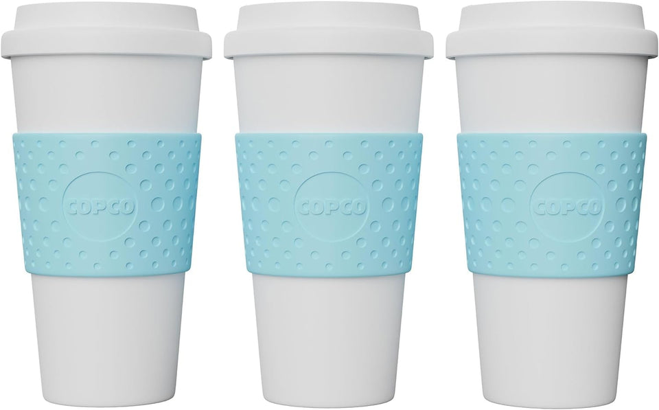 Copco Acadia 16oz travel mug in brown with spill-resistant lid for on-the-go coffee.