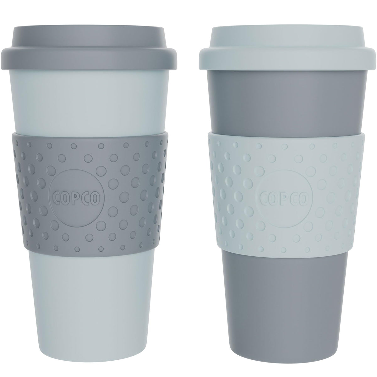 Copco Acadia travel mug with lid in aqua and gray for on-the-go use.
