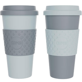 Copco Acadia travel mug with lid in aqua and gray for on-the-go use.