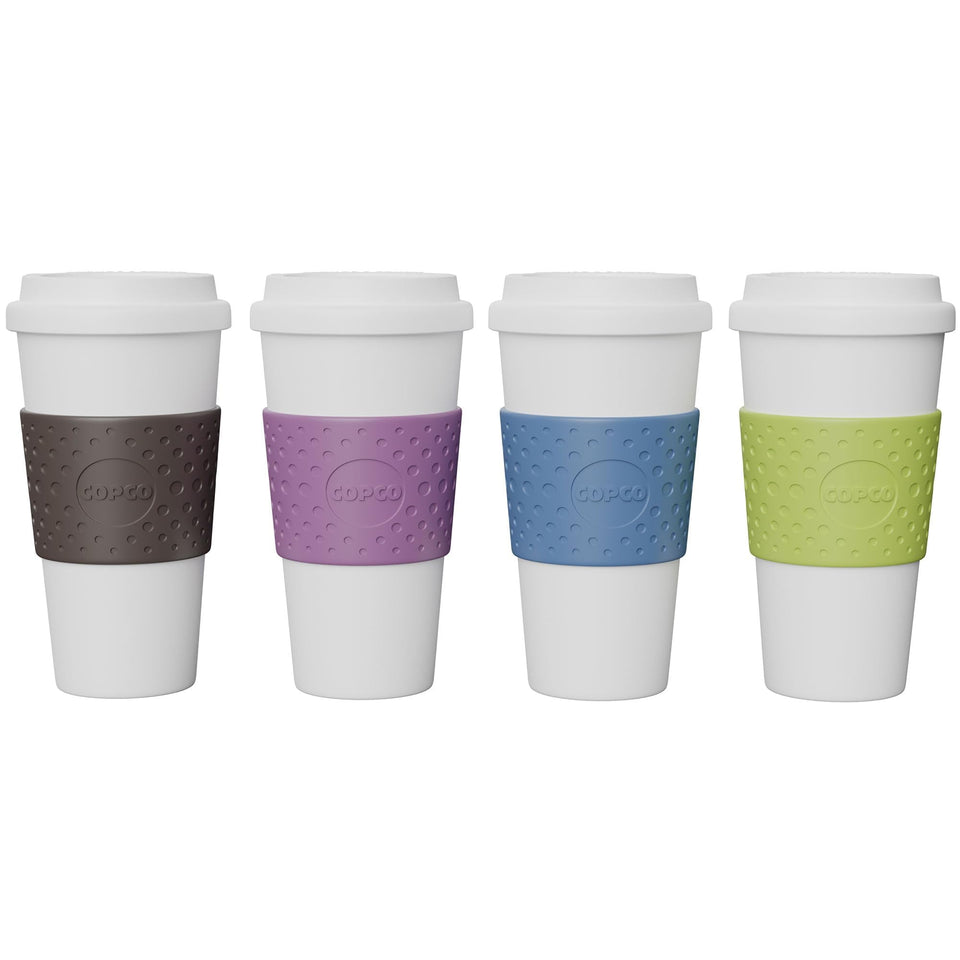 Copco Acadia travel mug with secure lid for on-the-go hot beverages.