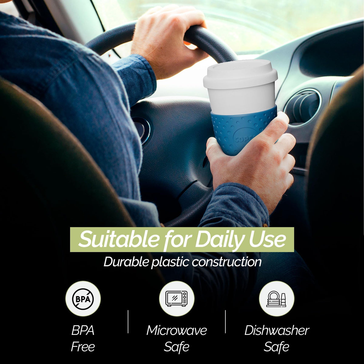 Copco Acadia quarter-turn lid closes securely to reduce splashes while on the move.