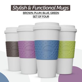 Copco Acadia 16oz mug shows the non-slip sleeve for stable grip.