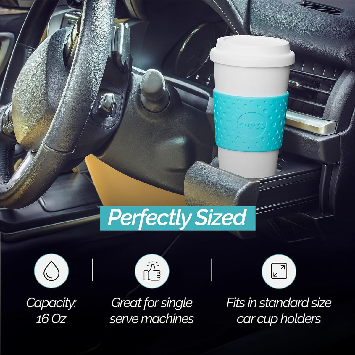Daily-use Copco Acadia mug in brown, BPA-free plastic for sustainable sipping.