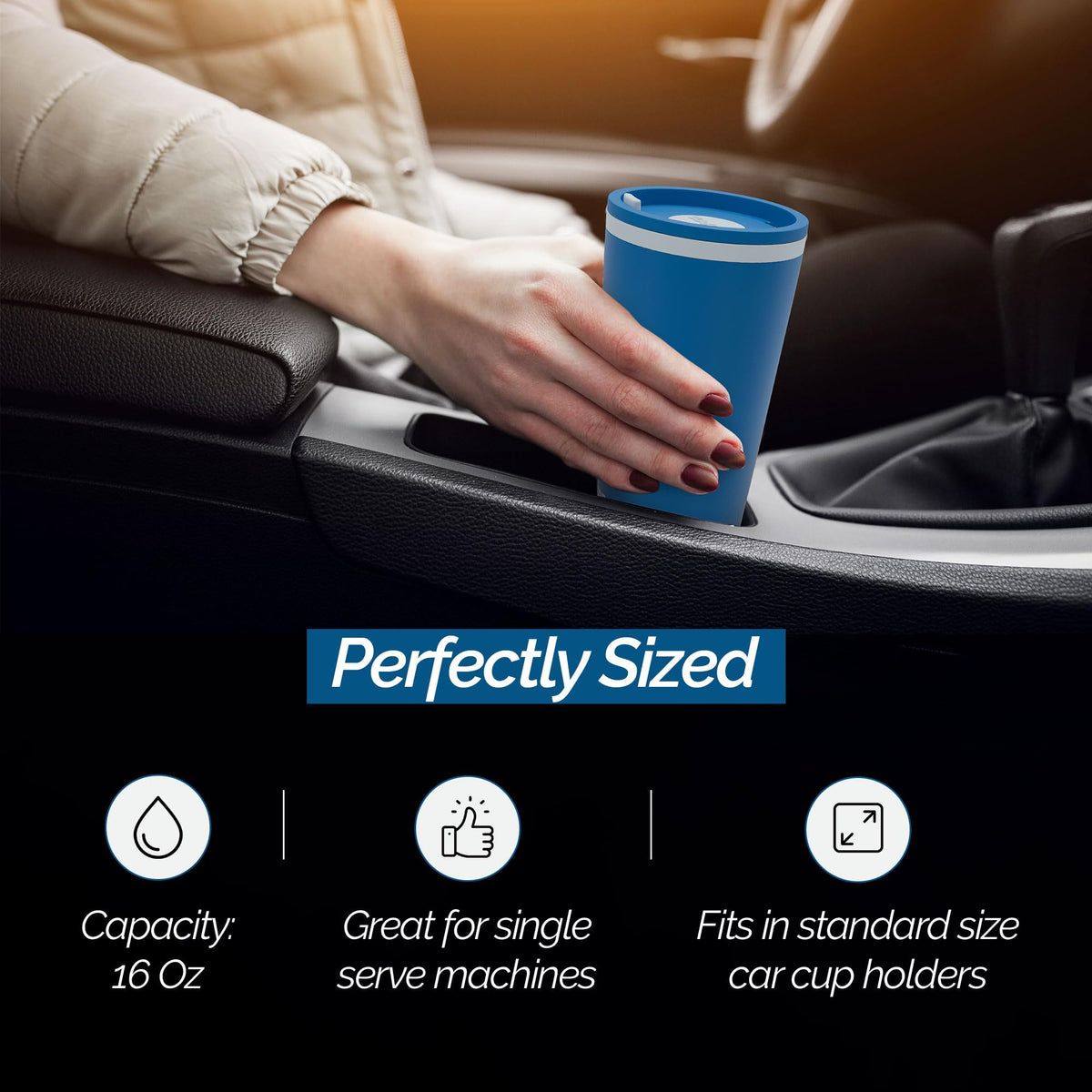 Copco blue travel mug design adds style while keeping drinks hot or cold.