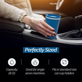 Copco blue travel mug design adds style while keeping drinks hot or cold.