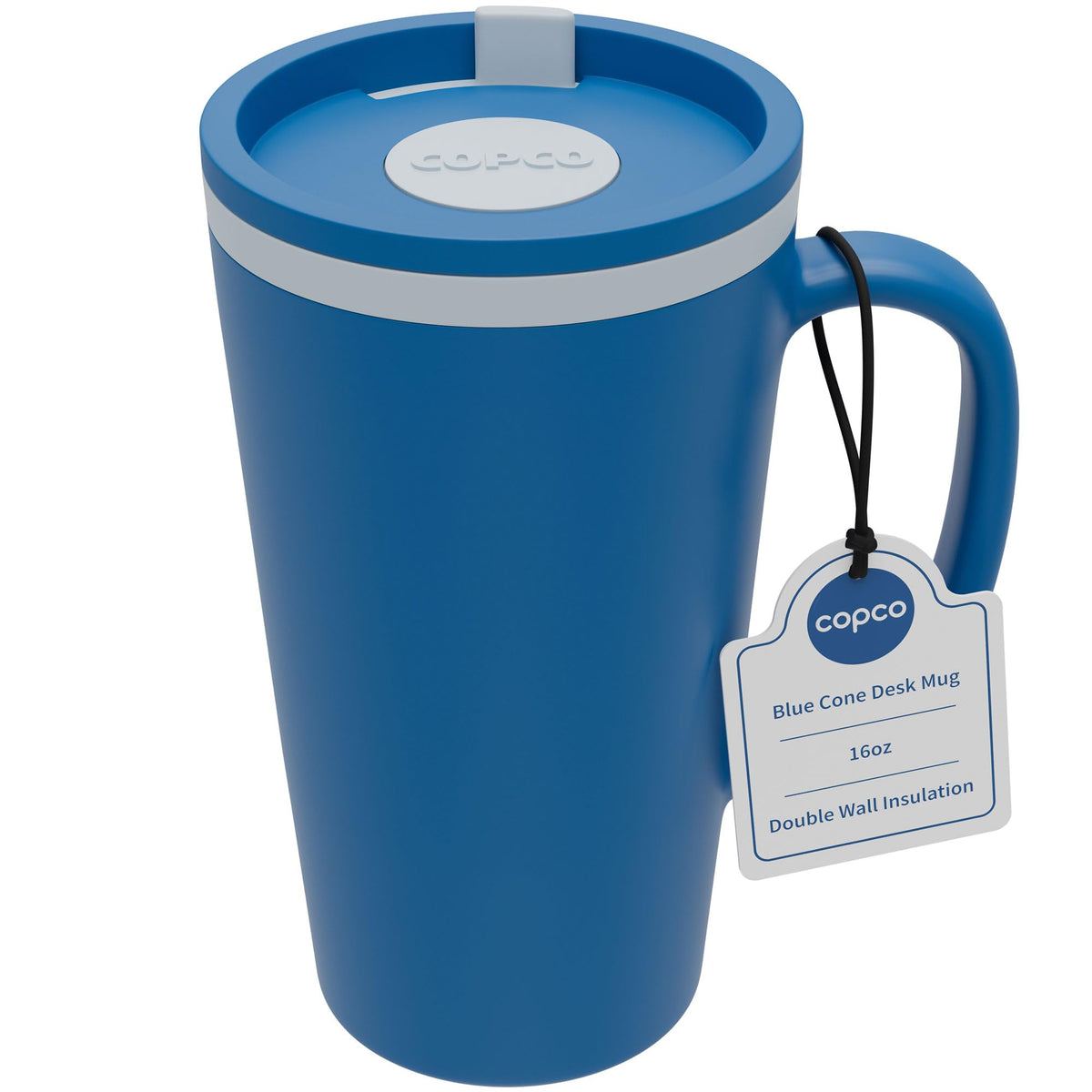 Copco Cone insulated travel mug with handle keeps drinks at temperature on the go.