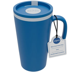 Copco Cone insulated travel mug with handle keeps drinks at temperature on the go.