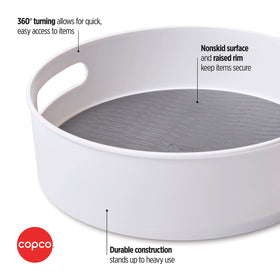 Copco turntable handles for easy transport between rooms.