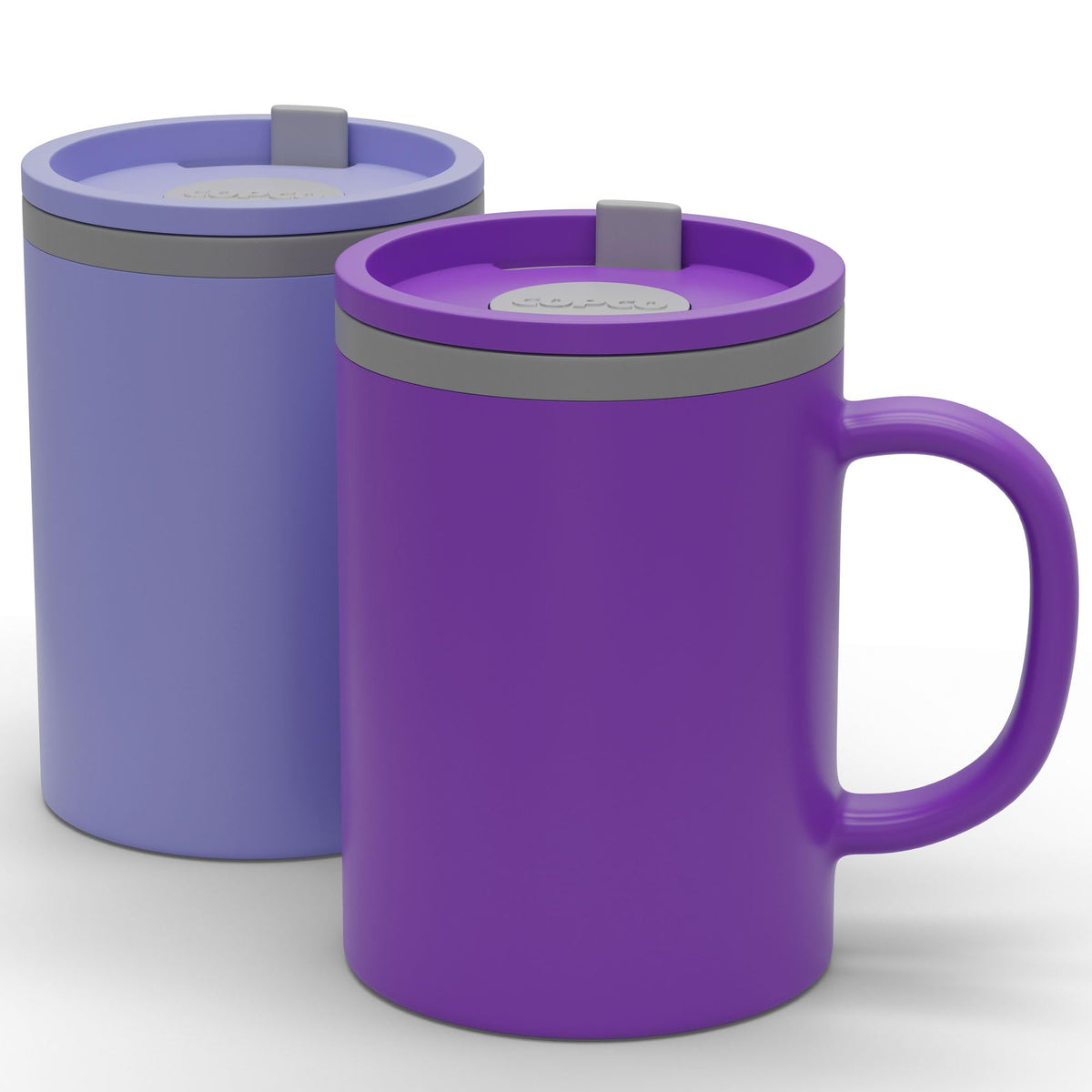 Copco Iconic 16oz desk mug with lid and handle in purple, spill-proof for office use