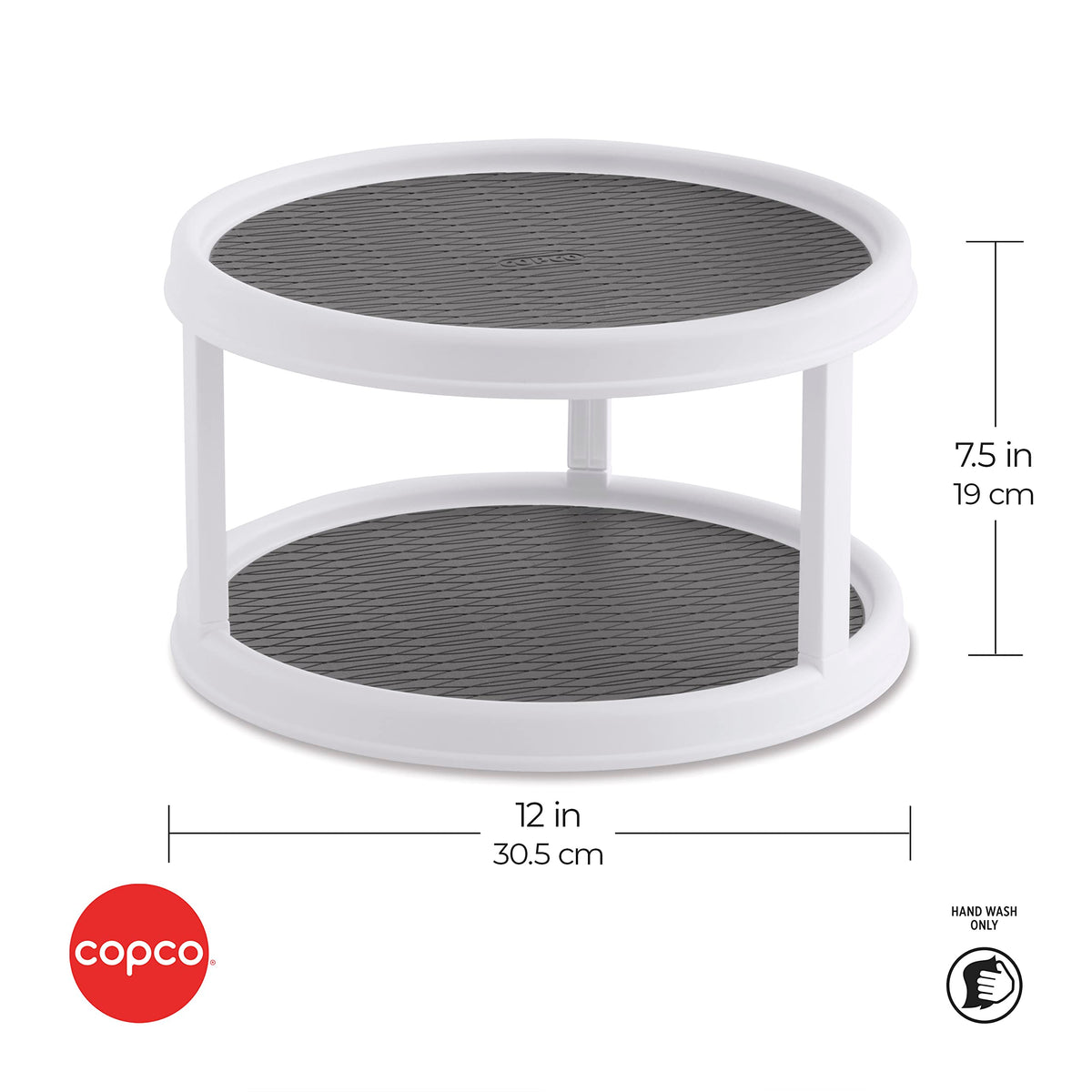 Close-up of Copco Turntable showing 3/8-inch rim prevents spills.