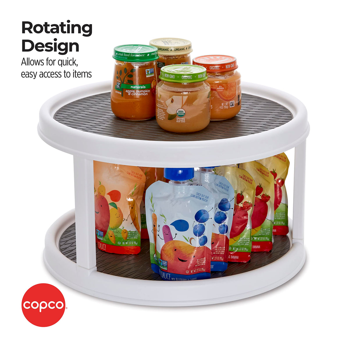 Copco Turntable rotating mechanism enables smooth access in tight cabinets.