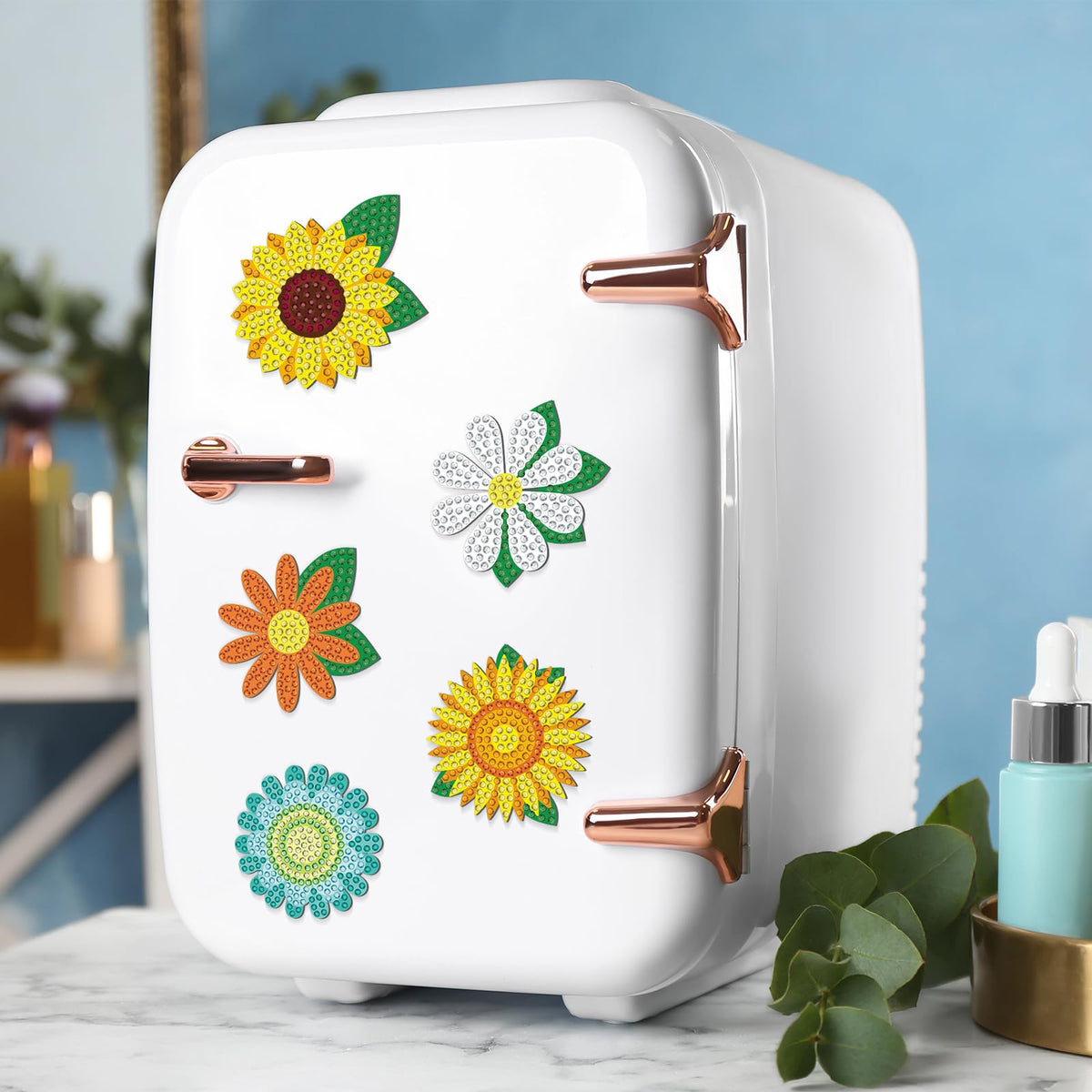 Copkim daisy diamond art magnet on cabinet brightens kitchen and pantry decor.