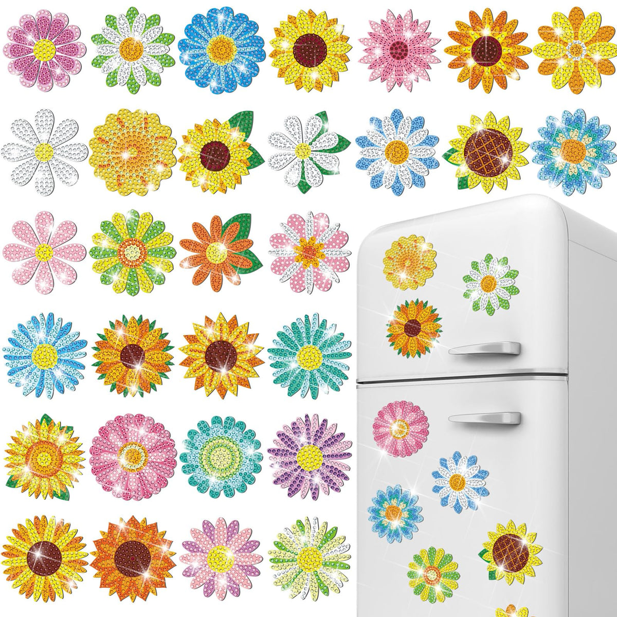 Copkim daisy diamond art magnet on fridge adds cheerful color and easy customization.