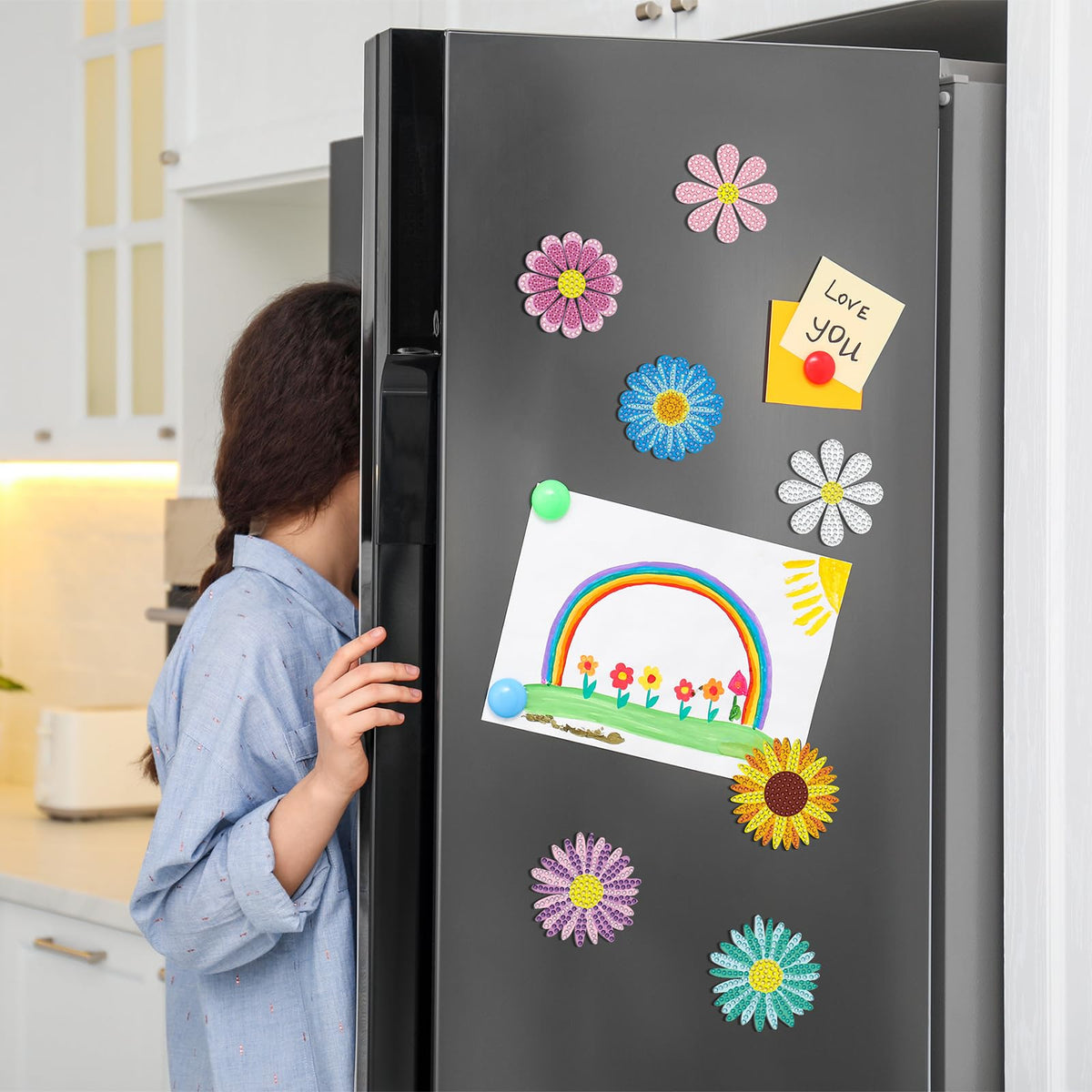 Copkim daisy diamond art magnet on metal surface provides strong hold for decor.