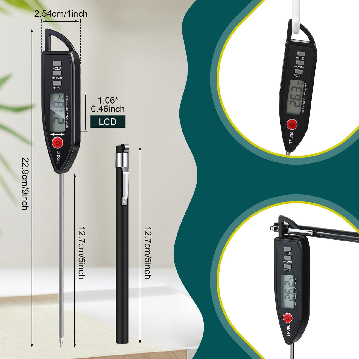 Copkim digital meat thermometer with color pack in black, white and red.