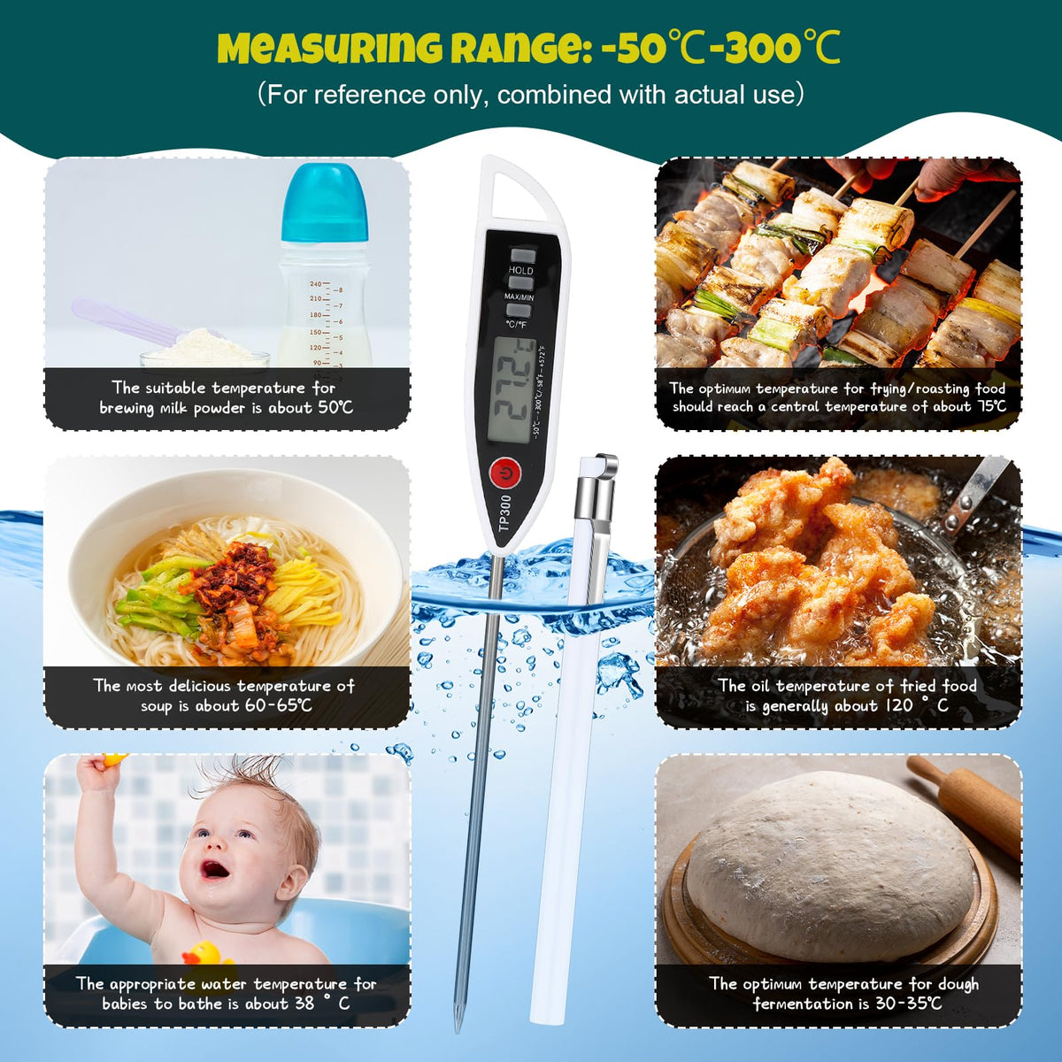 Copkim thermometer supports kitchen tasks from water testing to candy making.