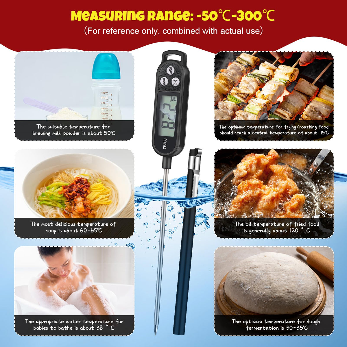 Copkim long-probe thermometer showing 9.65-inch design for safer grilling