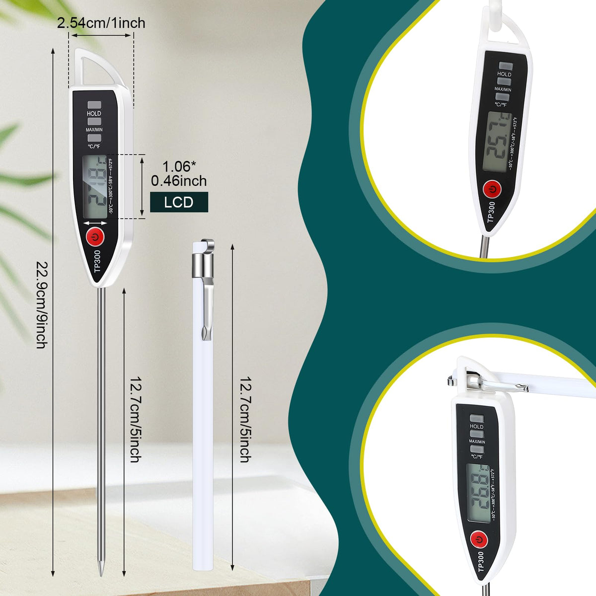 Copkim long-probe thermometer with a 5-inch probe for safe, hands-free checking.