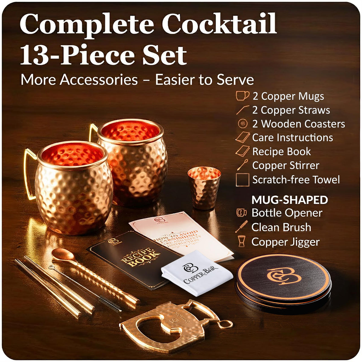 Copper-Bar included accessories like straws, brush, coasters, opener for seamless entertaining