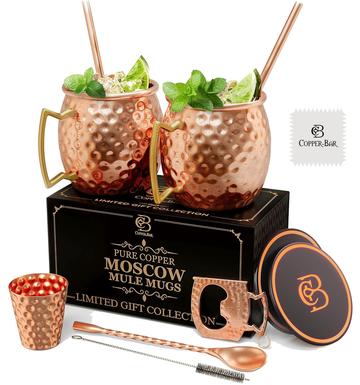 Copper-Bar Moscow Mule mugs with hammered finish for elegant cocktail service