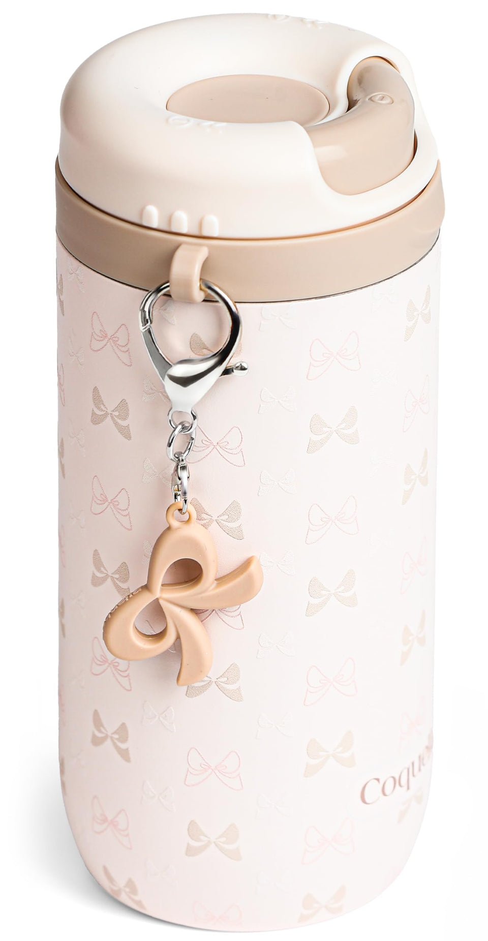 Coquella bow-cream tumbler with twist-open lid for easy iced-coffee sipping.