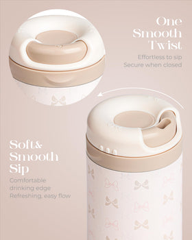 Coquella twist-open lid allows direct sipping for on-the-go use.