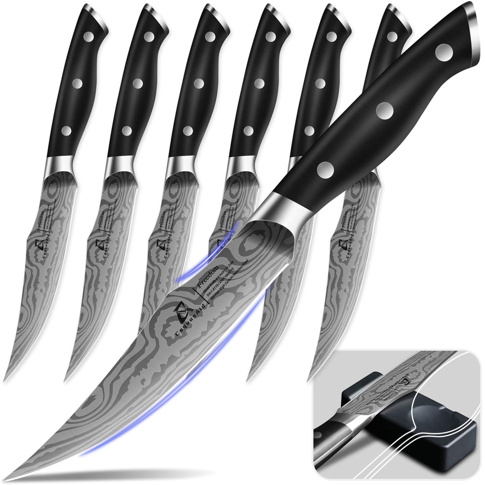 CoquusAid 6-piece steak knives with full-tang blades displayed on a wooden board for durability.