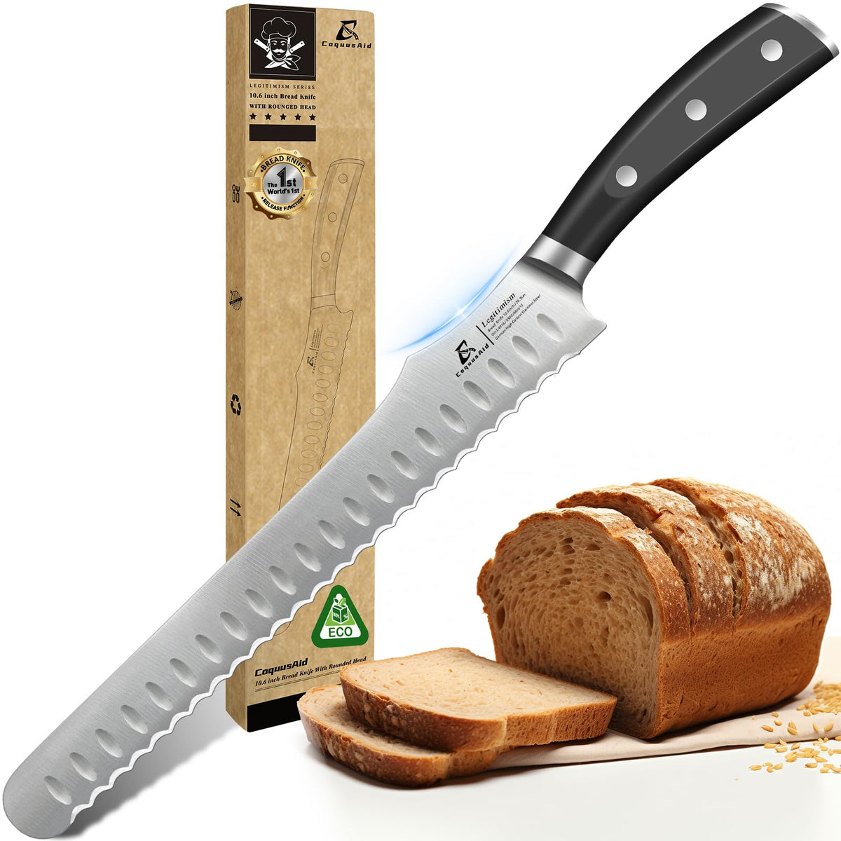 CoquusAid bread knife with a 10.6-inch blade slices large loaves precisely.