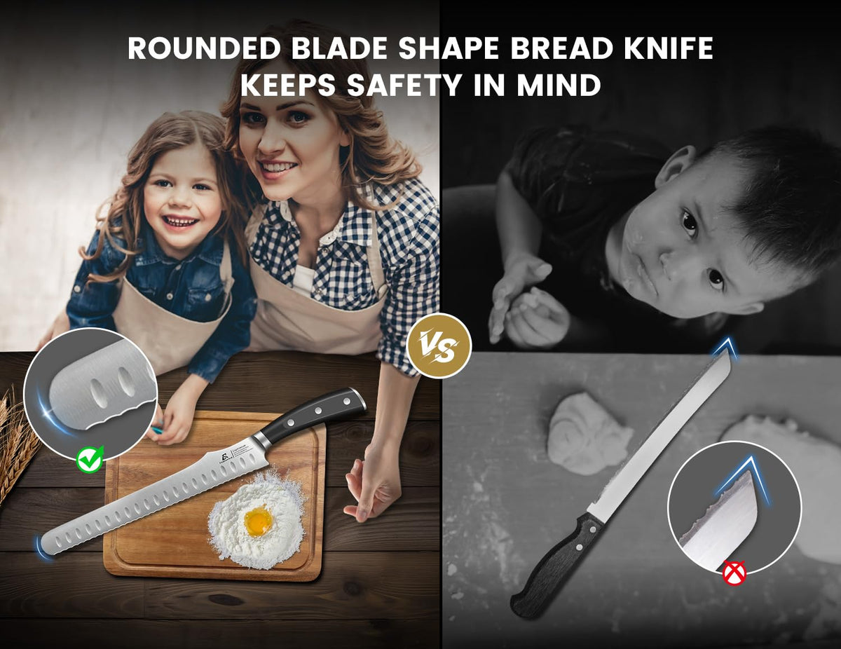 CoquusAid bread knife features dimples to prevent sticking during cuts.