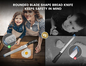 CoquusAid bread knife features dimples to prevent sticking during cuts.