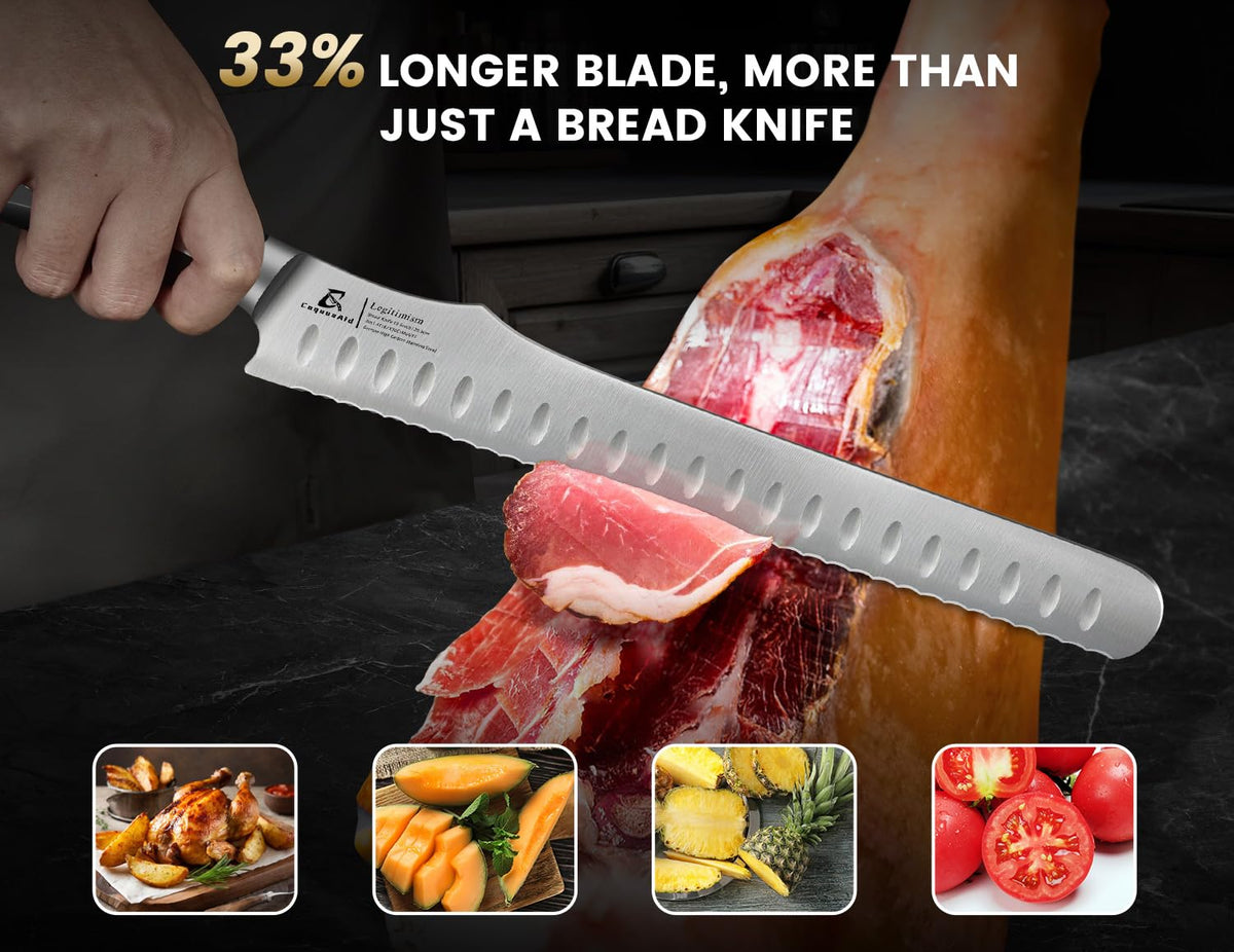 CoquusAid bread knife ergonomic handle reduces hand fatigue.