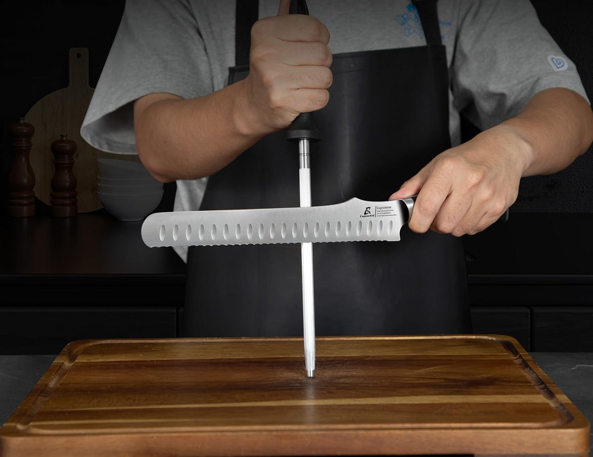 CoquusAid bread knife slices crusts smoothly for clean crumbs.
