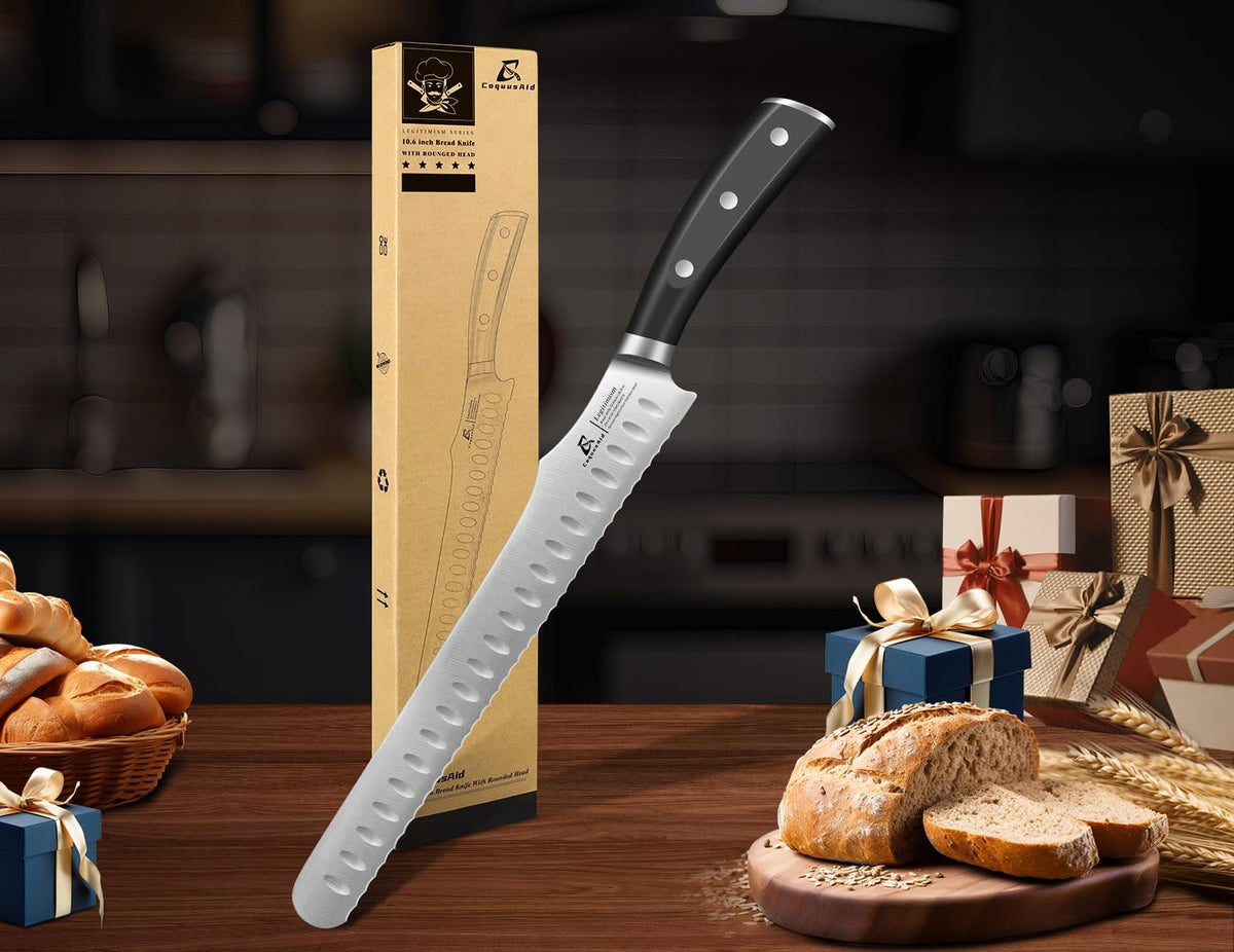 CoquusAid sourdough-cutting knife glides through bread evenly.