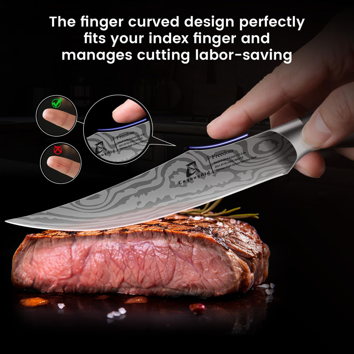 CoquusAid damascus-pattern blade showcases craftsmanship and precision for refined dining.