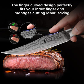 CoquusAid damascus-pattern blade showcases craftsmanship and precision for refined dining.